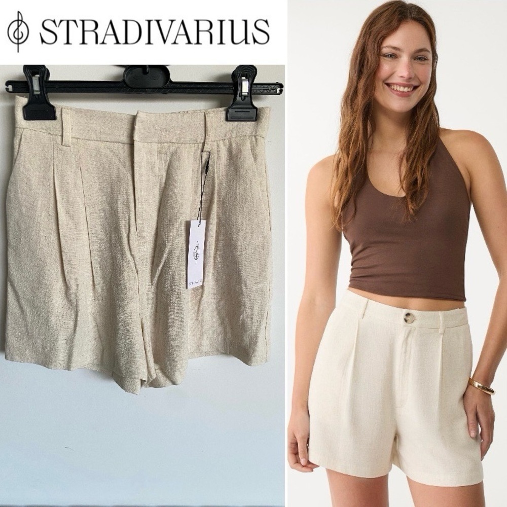 Stradivarius Cream Bermudas High-Waisted Pleated